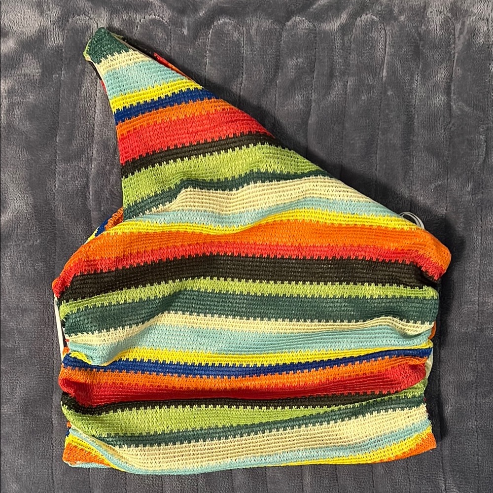 Colorful Striped Knit Cropped Top One Shoulder